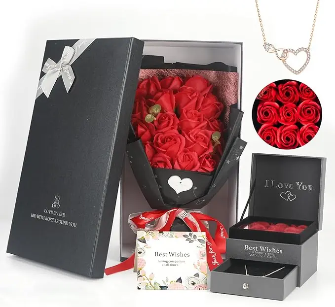 Rose Bouquet Rosas Eternas Preserved Rose Bouquet 18 Flower Bouquet with Beautiful Love Necklace