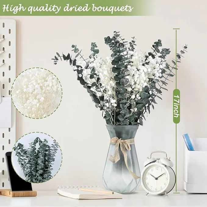 20+Pcs Dried Baby Breath Flowers Eucalyptus Bouquets - Natural Real Bouquets,17” Gypsophila Eucalyptus Stems Bulk Wedding Floral Arrangement Party Home Decoration,Bridal Bouquet Home Vase - Image 2