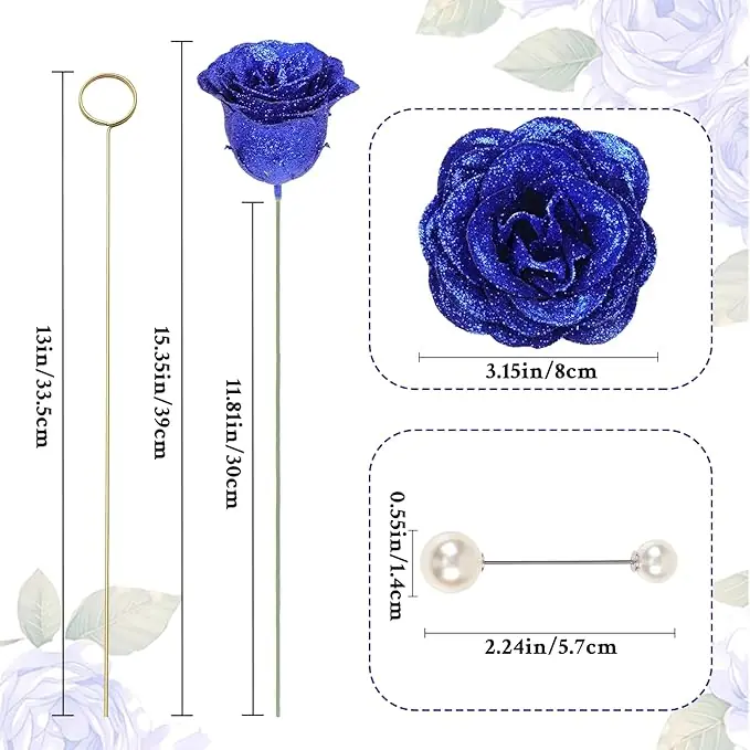 Waipfaru Blue Glitter Roses Bouquet, DIY Fake Flowers Bouquet, Everlasting Shiny Artificial Rose Bouquet for Valentine's Day, Anniversary, Engagement, Wedding, 24 Roses - Image 3