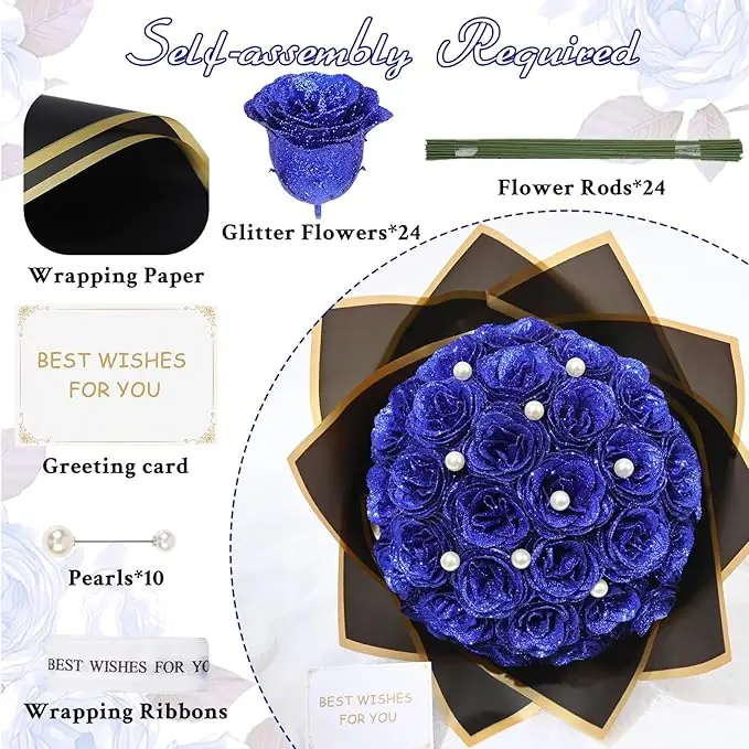Waipfaru Blue Glitter Roses Bouquet, DIY Fake Flowers Bouquet, Everlasting Shiny Artificial Rose Bouquet for Valentine's Day, Anniversary, Engagement, Wedding, 24 Roses - Image 2