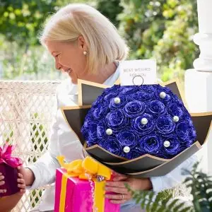 Waipfaru Blue Glitter Roses Bouquet, DIY Fake Flowers Bouquet, Everlasting Shiny Artificial Rose Bouquet for Valentine's Day, Anniversary, Engagement, Wedding, 24 Roses